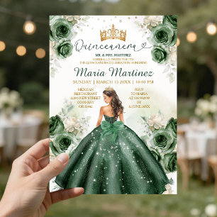 Hunter Green Floral Princess Gold Quiñceanera Invitation