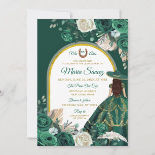 Hunter Green Floral Princess Quinceañera Invitation