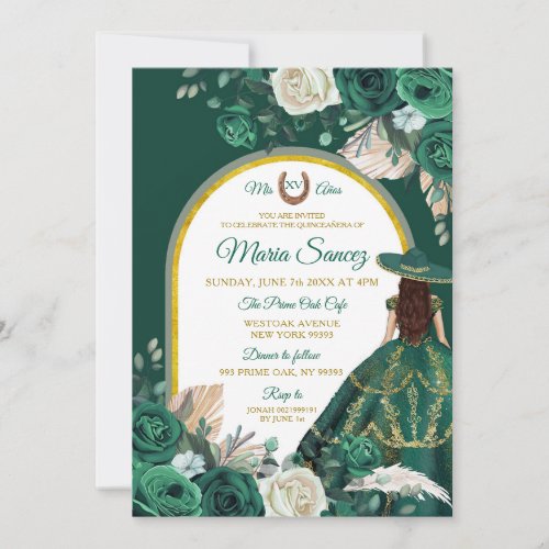 Hunter Green Floral Princess Quinceaera Invitation