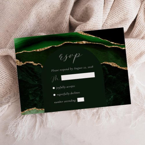 Hunter Green Gold Agate Arch Wedding RSVP Enclosure Card