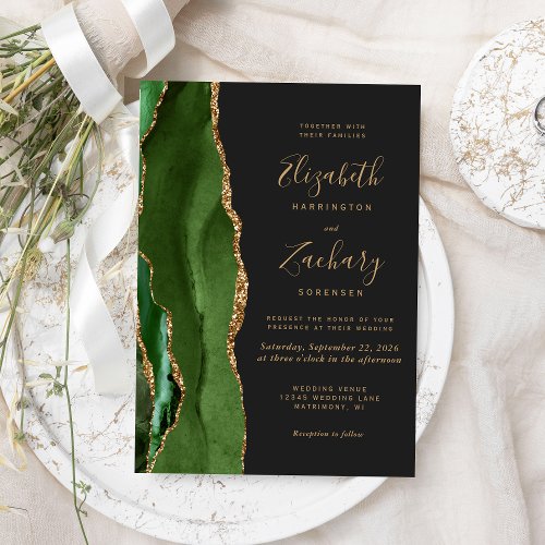 Hunter Green Gold Agate Dark Wedding Invitation