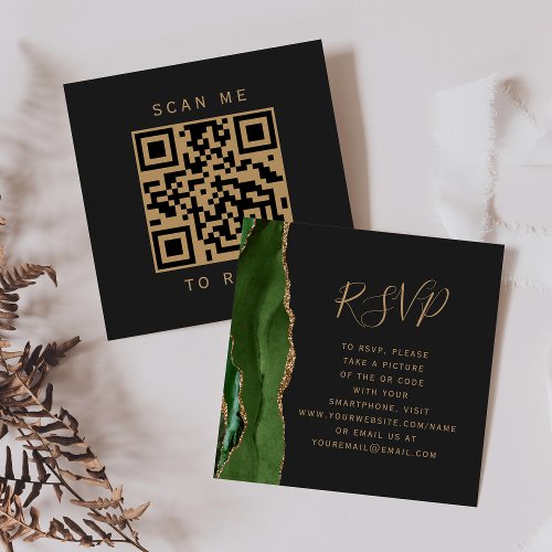 Hunter Green Gold Agate Dark Wedding QR Code RSVP Enclosure Card