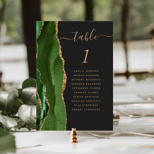 Hunter Green Gold Agate Dark Wedding Table Number