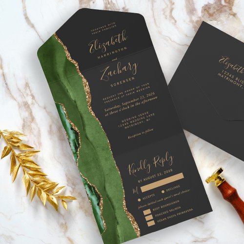 Hunter Green Gold Agate Meal Options Dark Wedding All In One Invitation