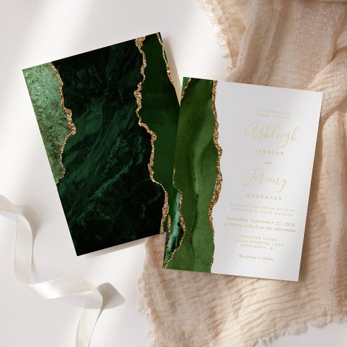 Hunter Green Gold Agate Modern Wedding Foil Invitation