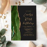 Hunter Green Gold Agate Slate Script 21st Birthday Invitation<br><div class="desc">The left-hand edge of this elegant modern birthday party invitation features a hunter green watercolor agate border trimmed with gold faux glitter. The customizable text combines gold-colored script and sans serif fonts on a slate black background. The reverse side features a matching green and gold agate design.</div>