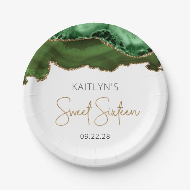 Hunter Green Gold Agate Sweet 16 Birthday Party Paper Plates (Front)