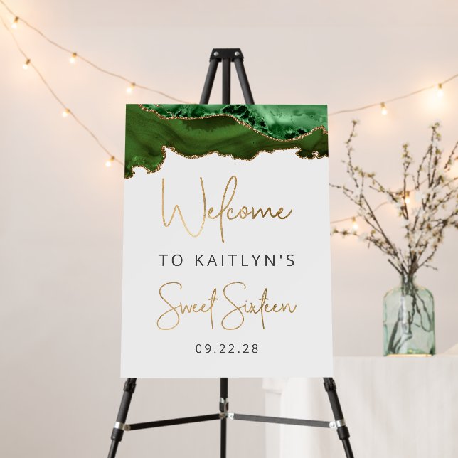 Hunter Green Gold Agate Sweet 16 Party Welcome Foam Board (In Situ (Stand))