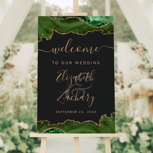 Hunter Green Gold Agate Vertical Wedding Welcome Foam Board