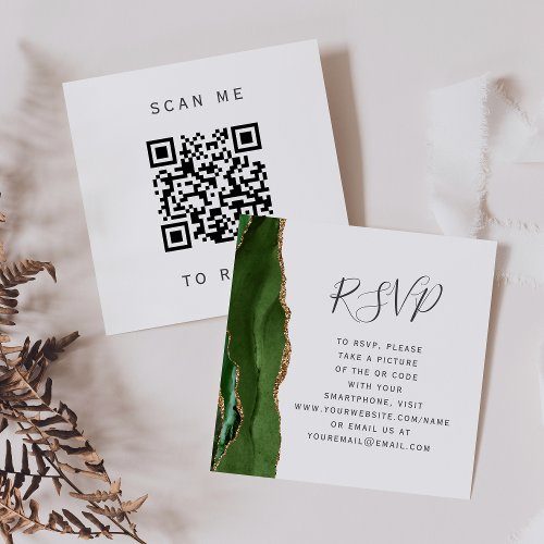 Hunter Green Gold Agate Wedding QR Code RSVP Enclosure Card