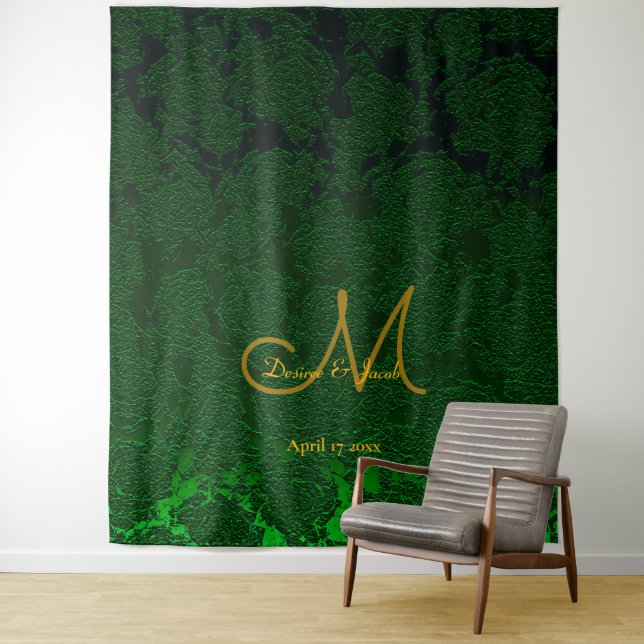 Hunter Green Gold Monogram Wedding Photo Booth Tapestry (In Situ)