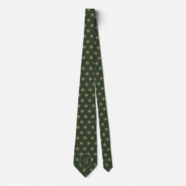 Hunter Green Gold Snowflakes Pattern Monogrammed Neck Tie (Front)