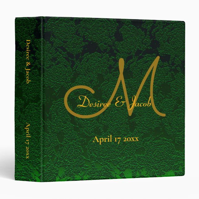 Hunter Green Gold Wedding Reception Monogram 3 Ring Binder (Front/Spine)