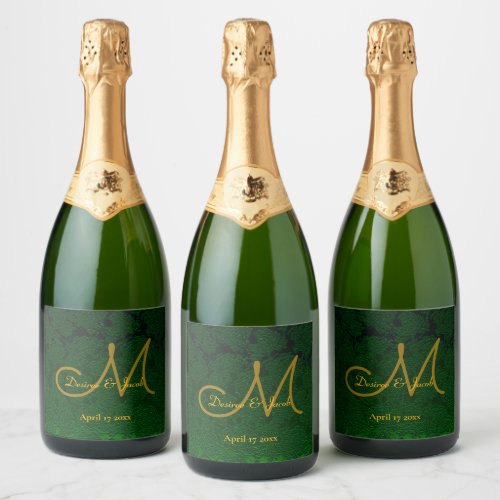 Hunter Green Gold Wedding Reception Monogram Champagne Label