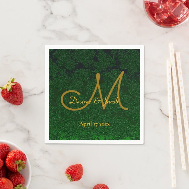 Hunter Green Gold Wedding Reception Monogram Napkins (Insitu)