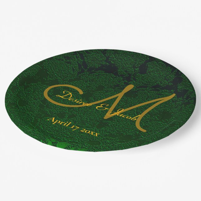 Hunter Green Gold Wedding Reception Monogram Paper Plates (Angled)