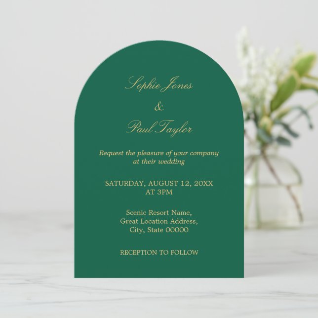 Hunter Green Golden Beige Arch Wedding Invitation (Standing Front)