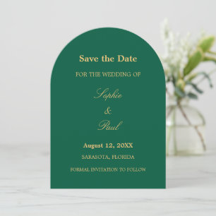 Hunter Green Golden Beige Script Arch Save The Date