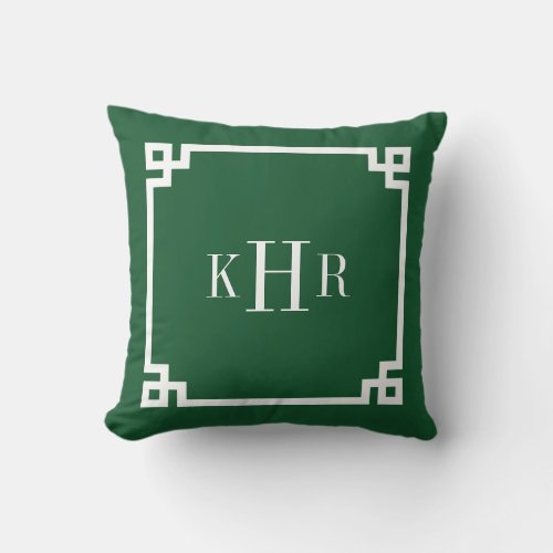 Hunter Green Greek Key Border Custom Monogram Throw Pillow