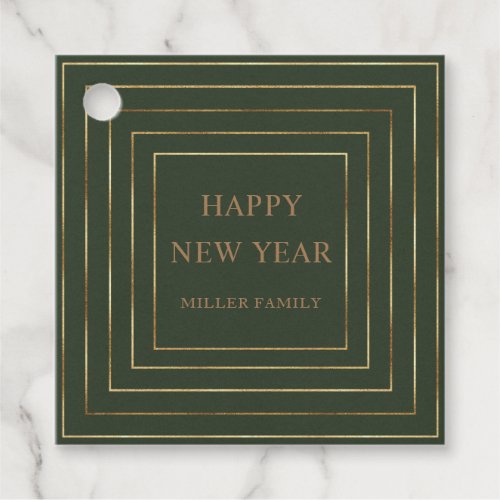 hunter green happy new year gold foil border favor tags
