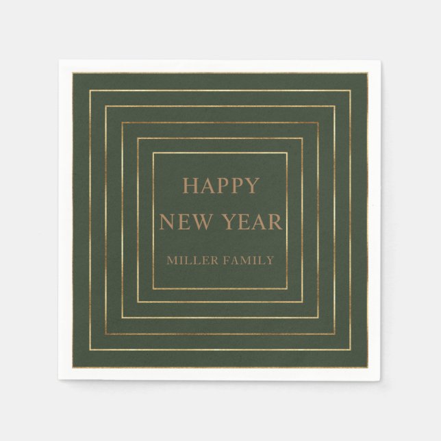 hunter green happy new year party gold border napkins (Front)
