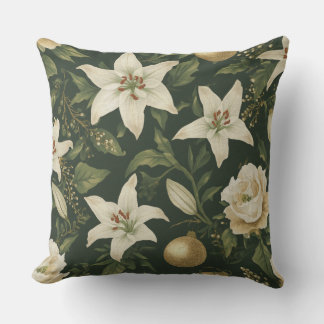 Hunter Green Ivory Gold Christmas Lily Floral Outdoor Pillow