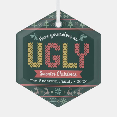Hunter Green Knit Ugly Sweater Nordic Christmas  Glass Ornament