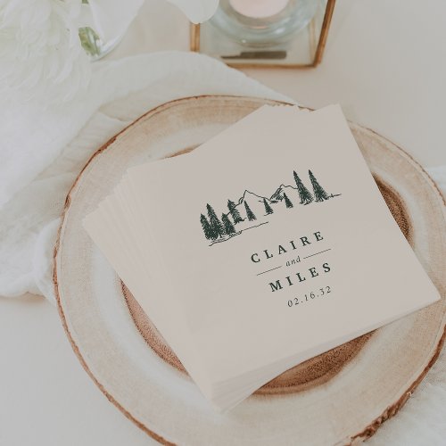 Hunter Green  Mountain Sketch Personalized Napkins