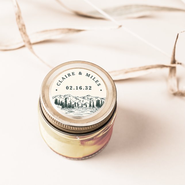 Hunter Green Mountain Sketch Personalized Wedding Classic Round Sticker (Creator Uploaded)