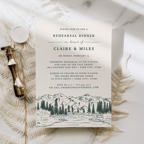 Hunter Green  Mountain Sketch Rehearsal Dinner Invitation