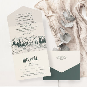 Hunter Green Mountain Sketch Wedding All In One Invitation