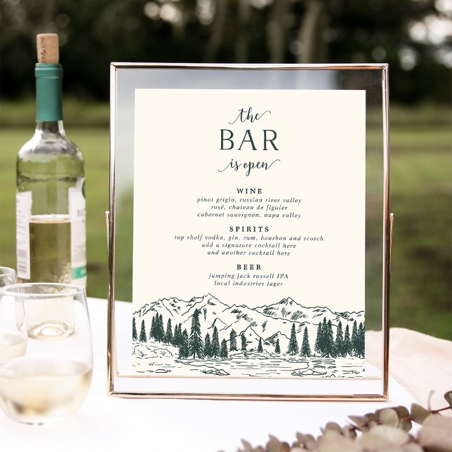 Hunter Green Mountain Sketch Wedding Bar Menu Sign (Creator Uploaded)