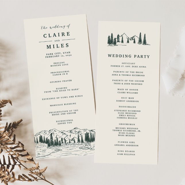 Hunter Green | Mountain Sketch Wedding Ceremony Program (Creator Uploaded)