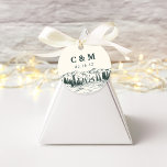 Hunter Green | Mountain Sketch Wedding Monogram Favor Tags<br><div class="desc">Rustic chic favor tags for your outdoor,  woods or adventurous wedding feature a hand sketched illustration of mountain peaks,  pine trees and a flowing river,  with your initials or monogram and wedding date in block lettering.</div>