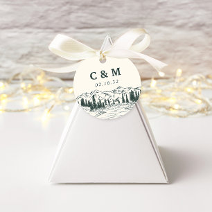 Hunter Green Mountain Sketch Wedding Monogram Favor Tags