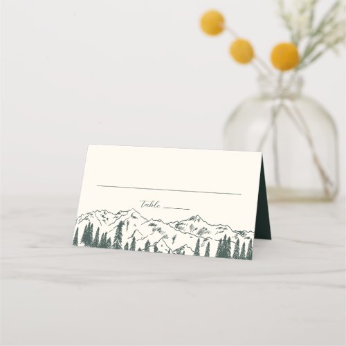 Hunter Green  Mountain Sketch Wedding Place Card