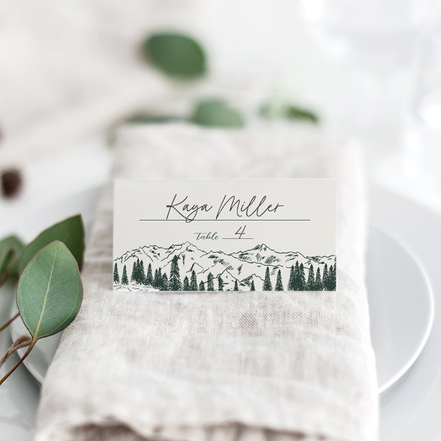 Hunter Green | Mountain Sketch Wedding Place Card (Creator Uploaded)