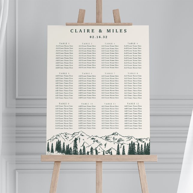 Hunter Green Mountain Sketch Wedding Seating Chart Foam Board (Forest green mountain landscape wedding seating chart)