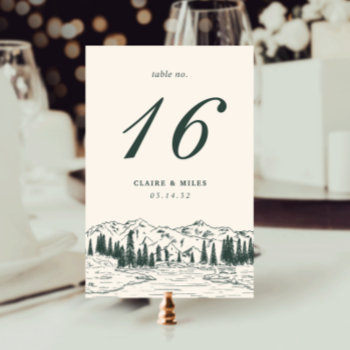 Hunter Green | Mountain Sketch Wedding Table Number by RedwoodAndVine at Zazzle