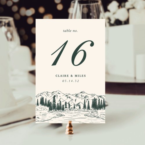 Hunter Green  Mountain Sketch Wedding Table Number