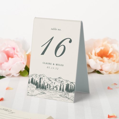 Hunter Green Mountain Sketch Wedding Table Number Table Tent Sign