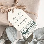 Hunter Green | Mountain Sketch Wedding Thank You Gift Tags<br><div class="desc">Attach these rustic chic tags to your wedding favors to say thank you to guests in lush woodland style. Ivory tags feature a sketched illustration of mountain peaks,  pine trees and a flowing river,  with "love and thanks" and your names and wedding date.</div>