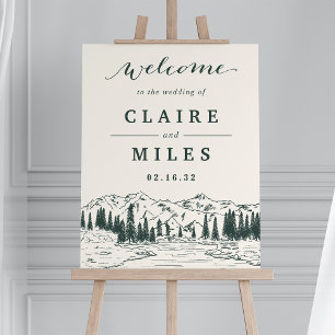 Hunter Green Mountain Sketch Wedding Welcome Sign