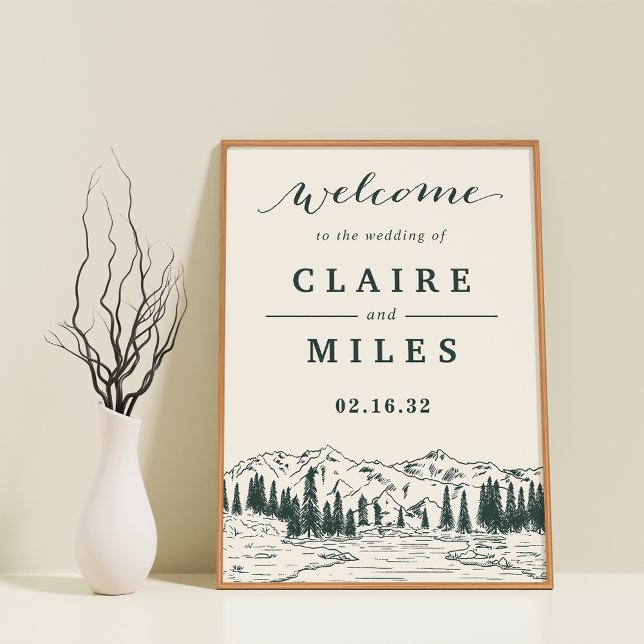 Hunter Green Mountain Sketch Wedding Welcome Sign (Creator Uploaded)