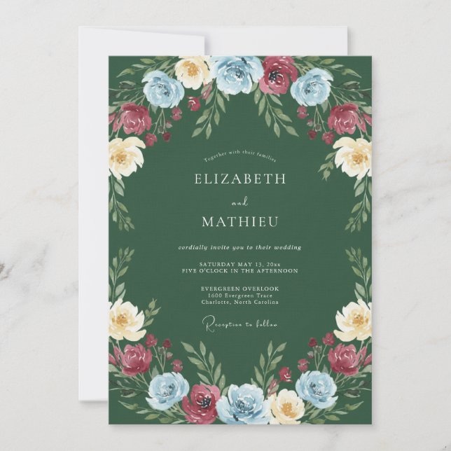 Hunter Green Multicolored Floral Wedding Invitation (Front)