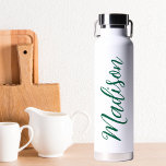 Hunter Green Name Handwritten Script Custom Water Bottle<br><div class="desc">A bold hunter green personalized monogram water bottle for a girl or guy who loves simple,  handwritten gifts. Beautiful cursive script down the side of your bottle spelling out your name.</div>