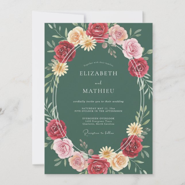 Hunter Green Ornate Botanical Wedding Invitation (Front)