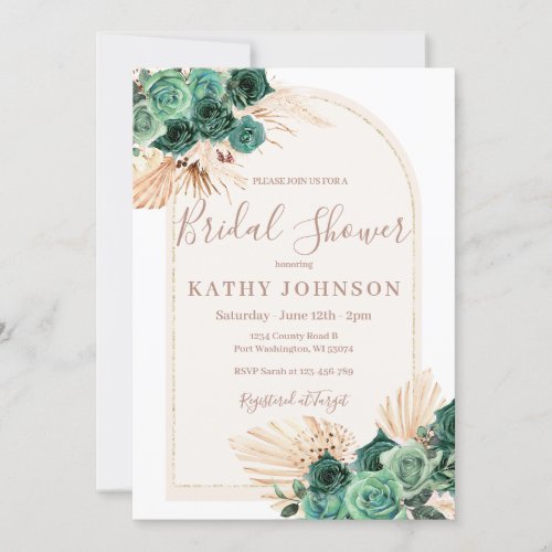 Hunter Green Pampas Grass Arch Bridal Shower  Invitation