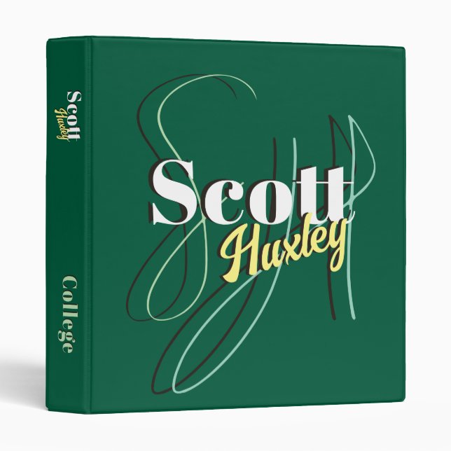 Hunter-Green Personalized Modern script initials 3 Ring Binder (Front/Spine)