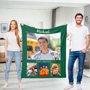 Hunter green photo collage boy friends fleece blanket